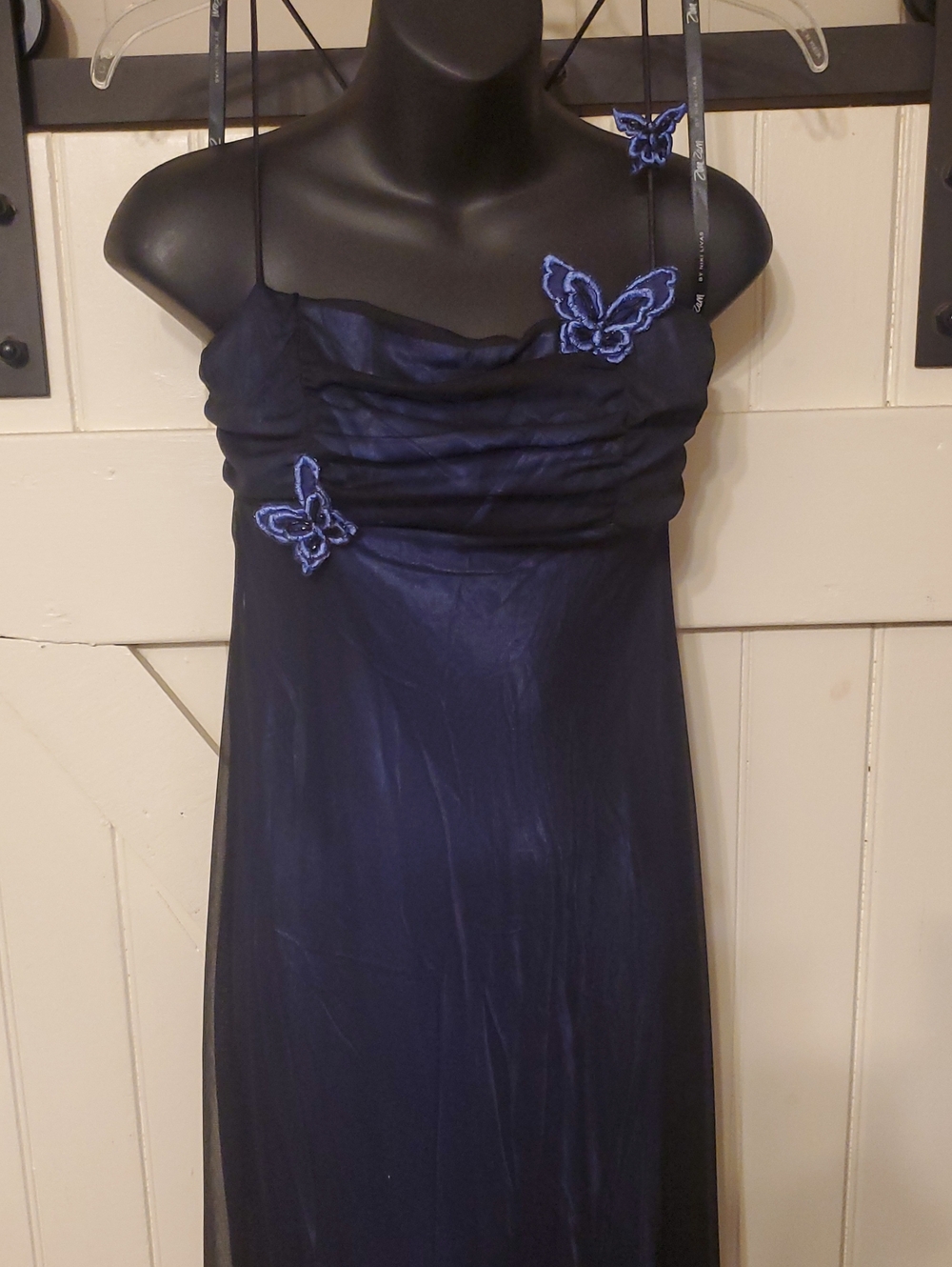 Navy Blue Spaghetti Strap Butterfly-Accent Maxi Dress
